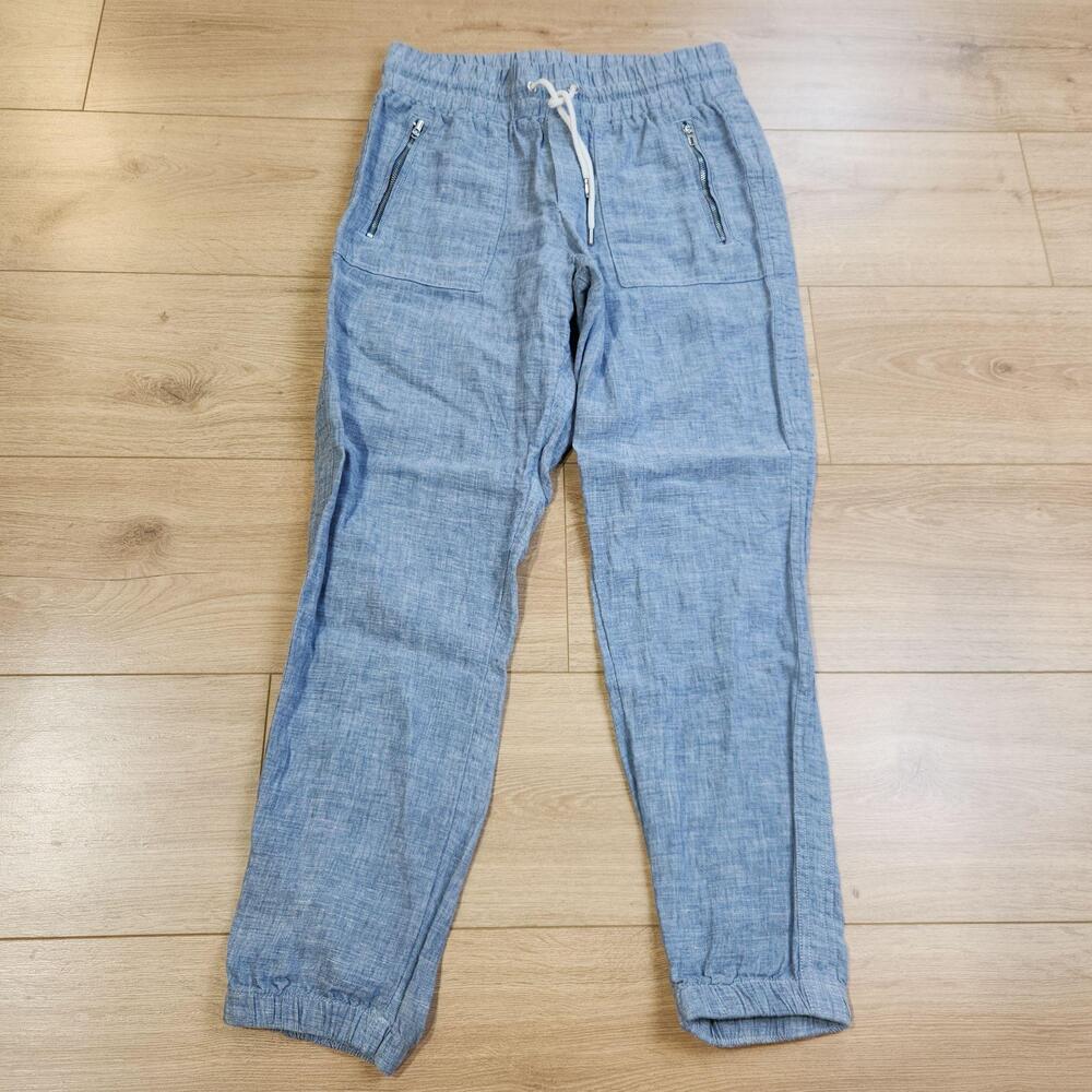 Athleta Cabo Linen Jogger Pants Womens 6 Blue Elastic Waist Zip Pockets Linen